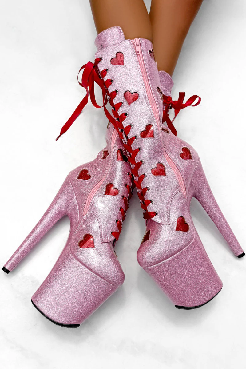 Hella Heels Cupids Chokehold Ribbon 8inch Boots - Pink Hearts - Image 3