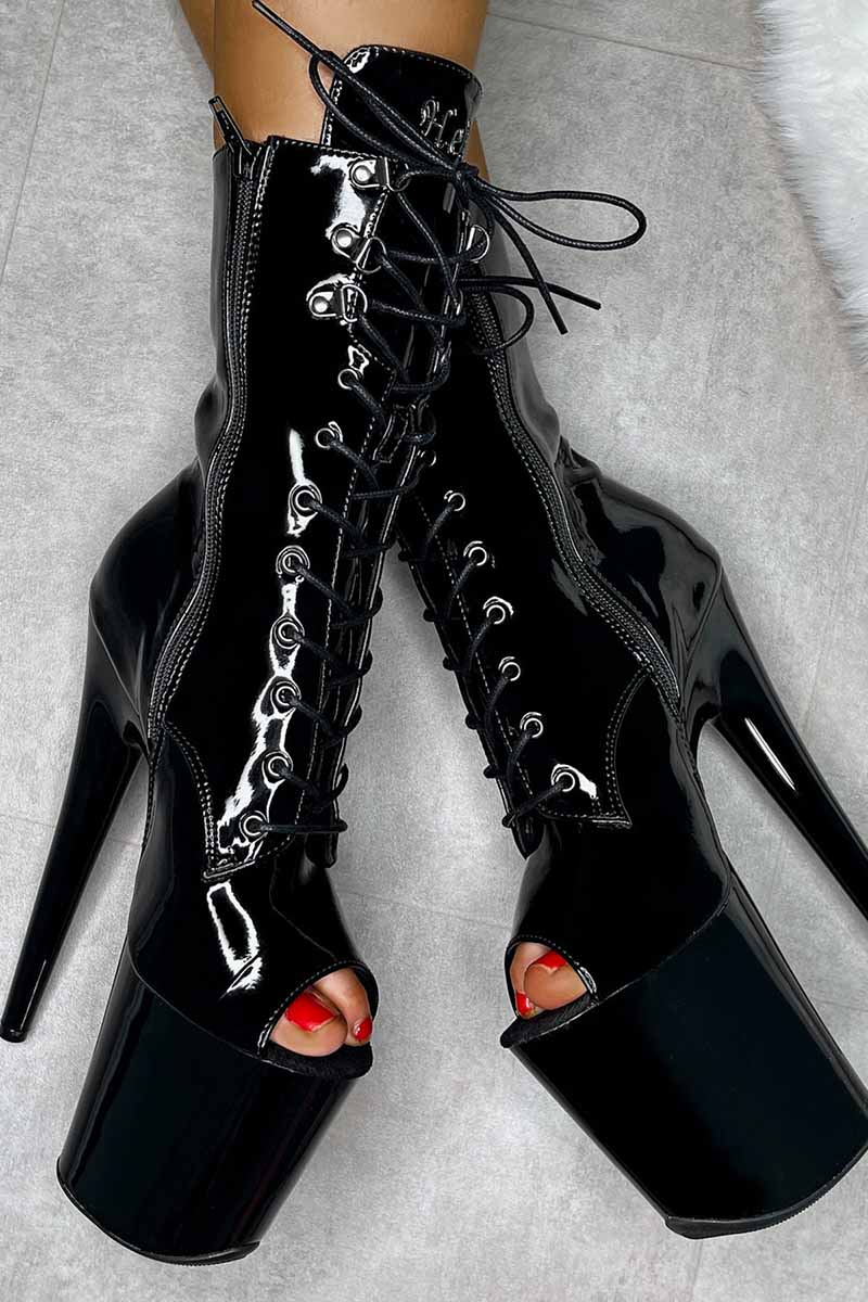 Hella Heels LipKit Open Toe 8inch Boots - Black Beatles - Image 4