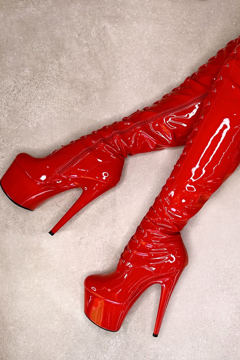 Hella Heels LipKit Thigh High Front Lace 7inch Boots - Cherry Pie - Image 2