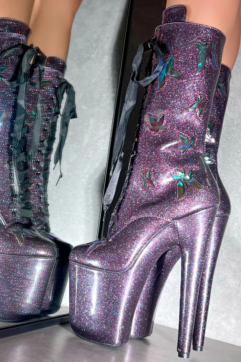 Hella Heels The Glitterati Butterfly 8inch Boots - Mystical Purple