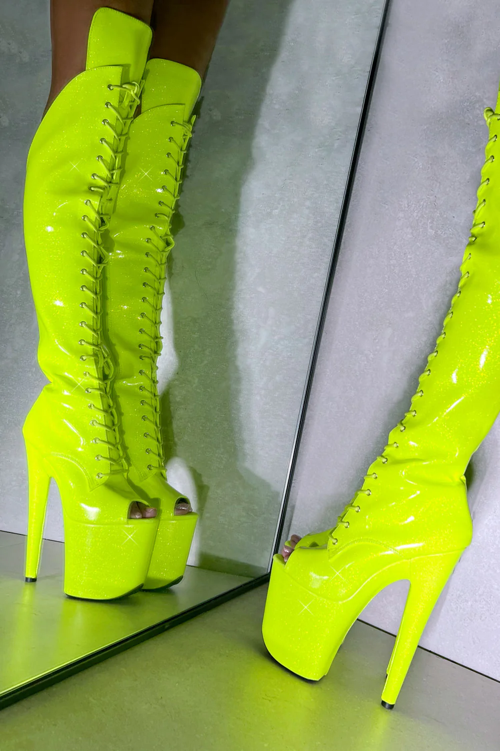 Hella Heels The Glitterati Open Toe Over The Knee 8inch Boots - Citrus Yellow Burst - Image 4