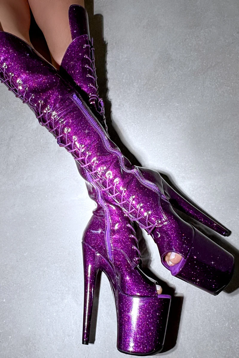 Hella Heels The Glitterati Open Toe Over The Knee 8inch Boots - Purple Rain - Image 4