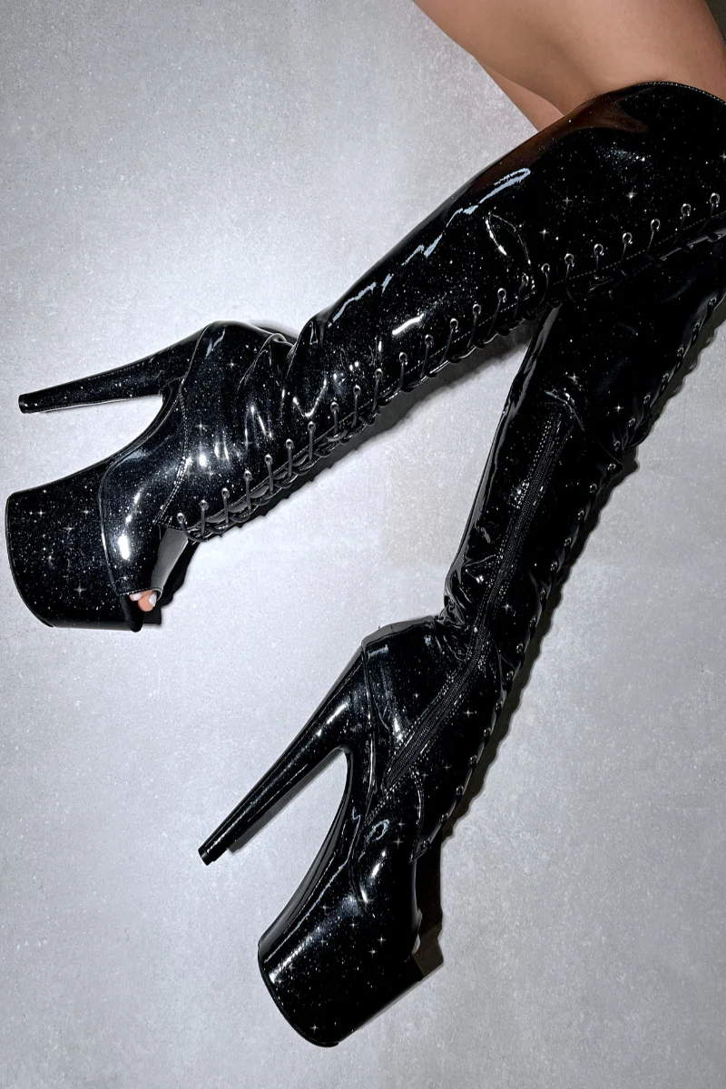 Hella Heels The Glitterati Open Toe Over The Knee 8inch Boots - Sin City - Image 5