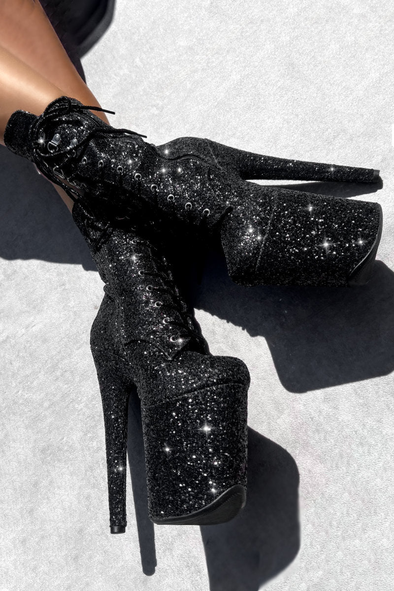 Hella Heels The Glitterati XTRA 8inch Boots - Black Caviar