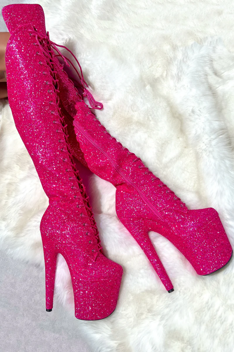 Hella Heels The Glitterati XTRA Over The Knee 8inch Boots - Kitty Pink - Image 5