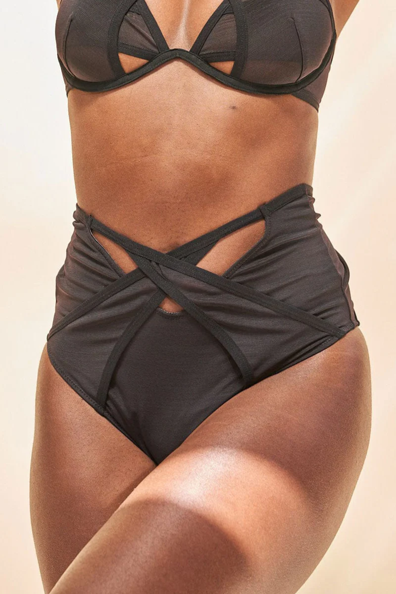 Lunalae Intimates Emily Mesh Cut Out High Waist Bottoms - Recycled Black - Image 3