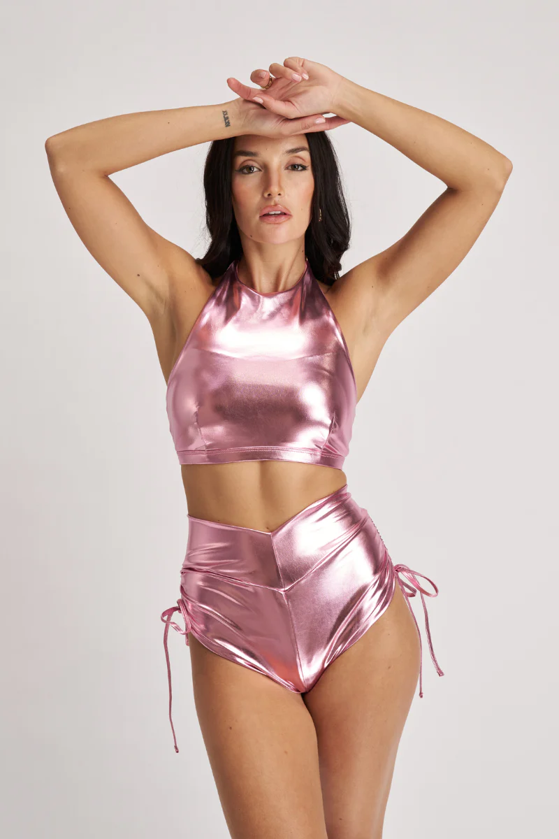Lunalae High Waist Drawstring Bottoms - Metallic Baby Pink - Image 3