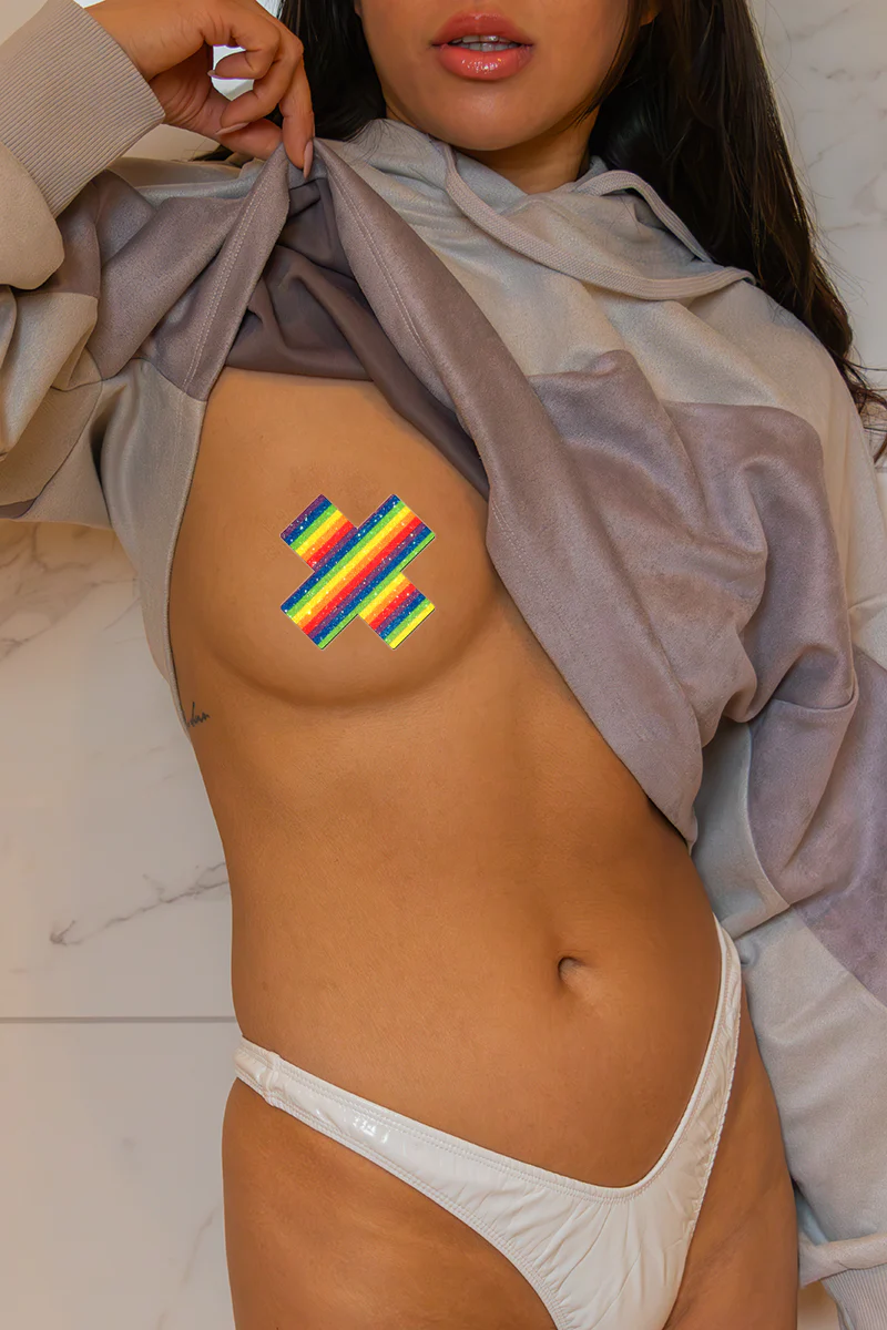 Pastease Cross Nipple Pasties - Velvet Rainbow Glitter