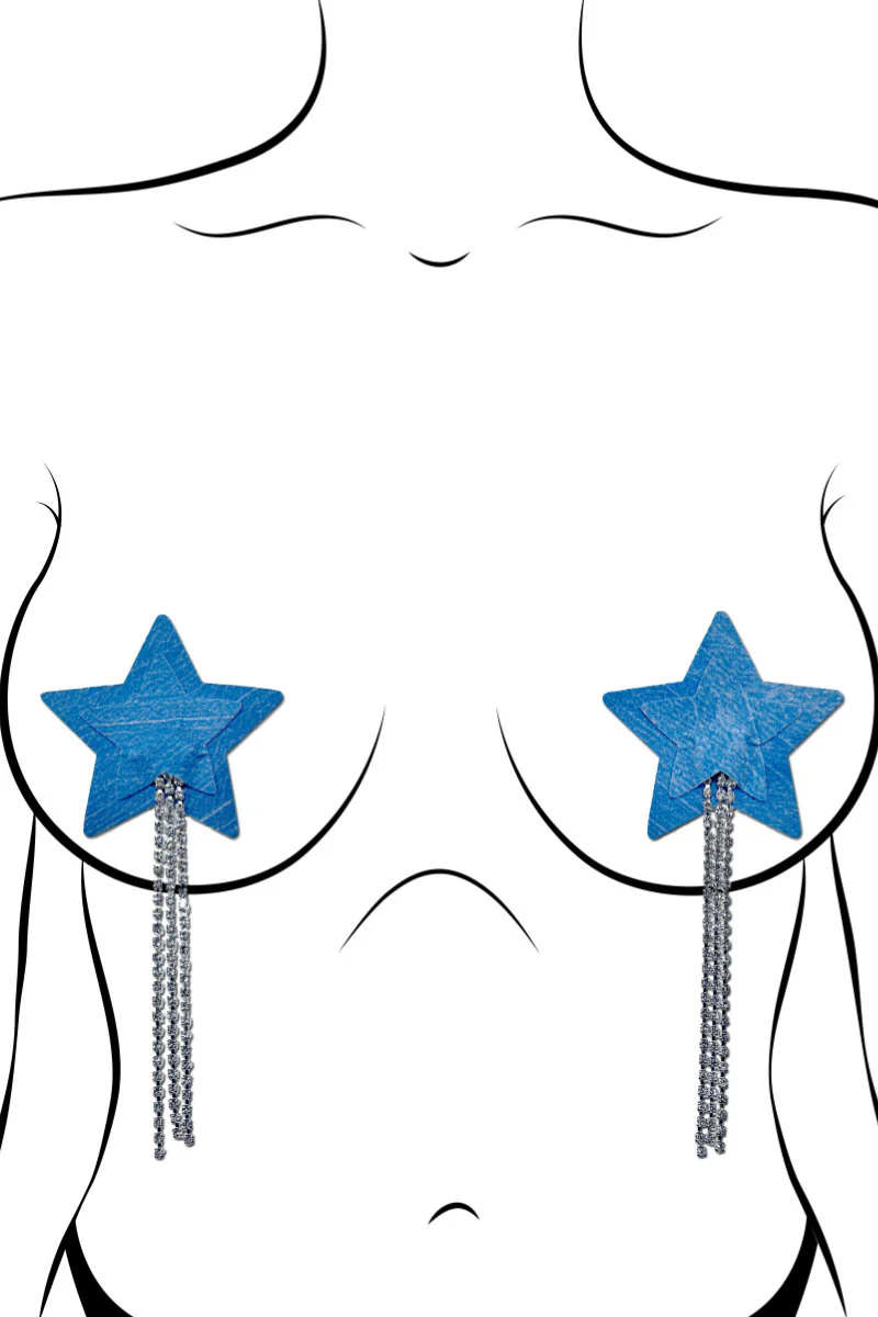 Pastease Star Rhinestone Tassle Nipple Pasties – Denim - Image 3
