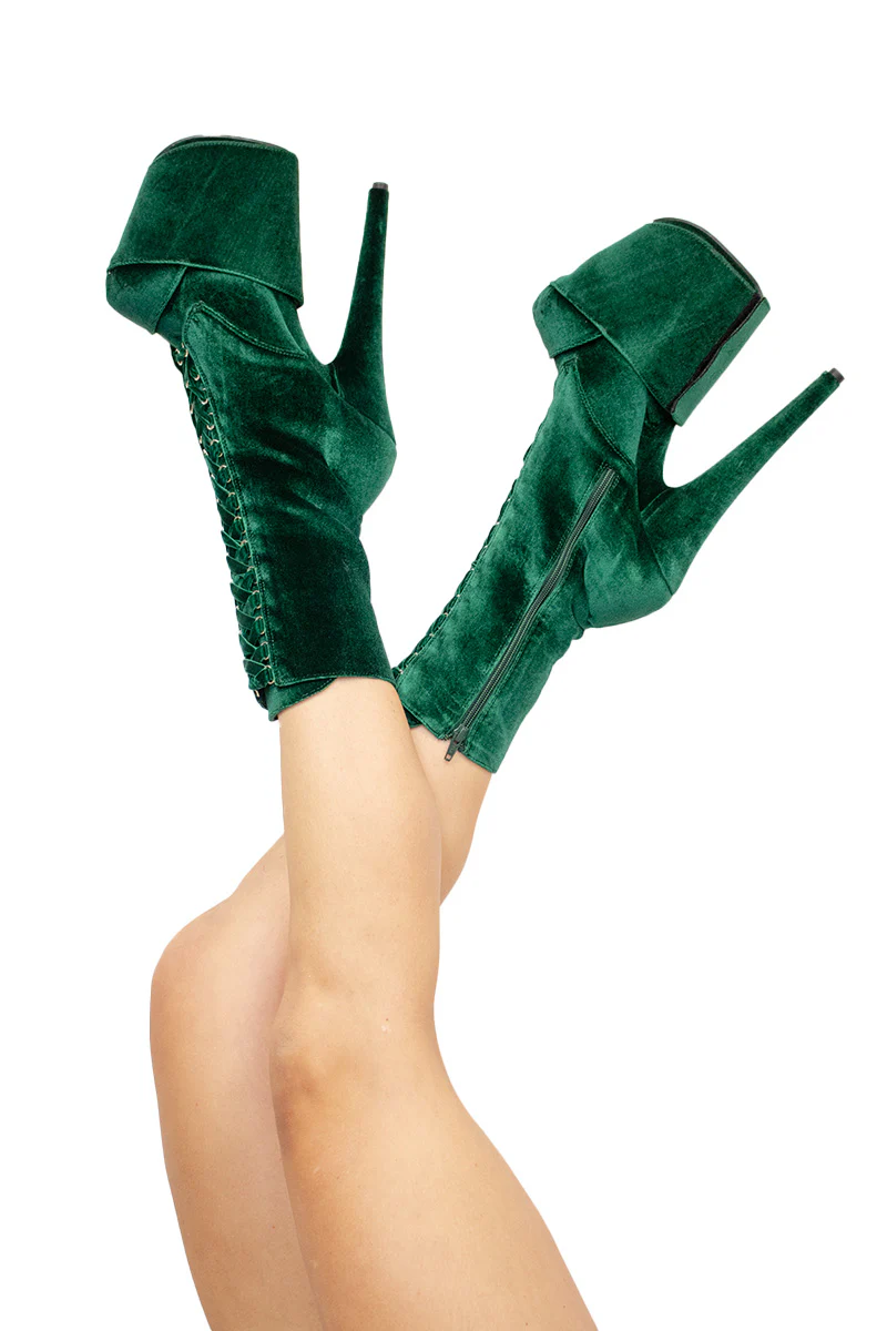 Pleaser USA Flamingo-1045VEL 8inch Boots + Protectors - Emerald Green Velvet