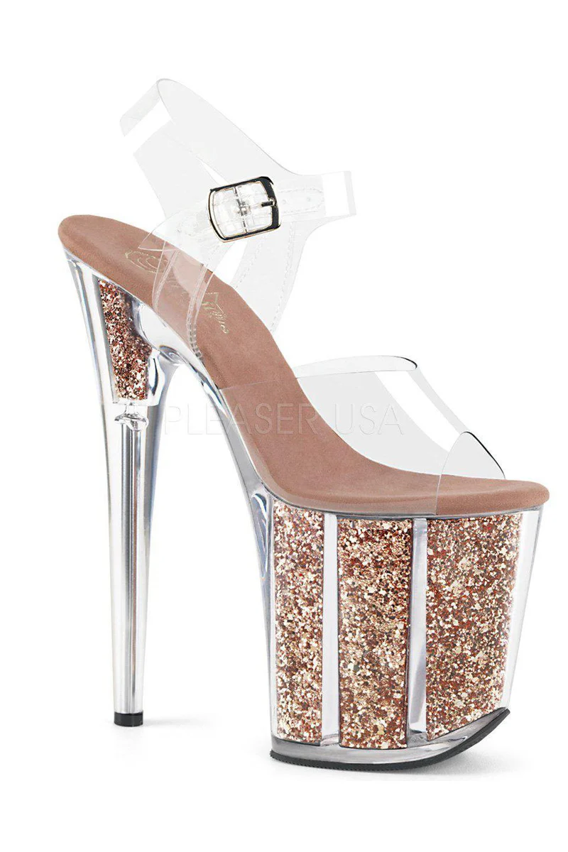 Pleaser USA Flamingo-808G Glitter Filled 8inch Stilettos - Rose Gold - Image 3