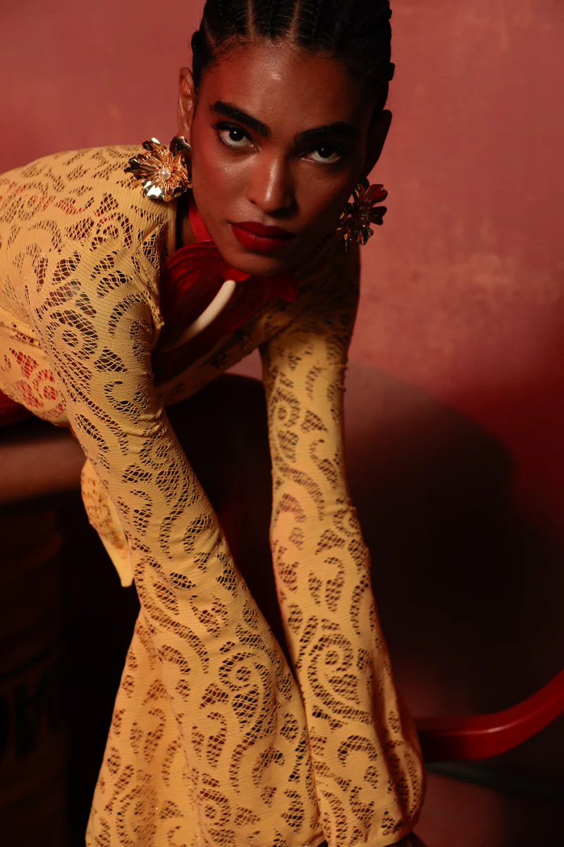 Rolling Bell Bottom Sleeve Top - Canary Lace - Image 5