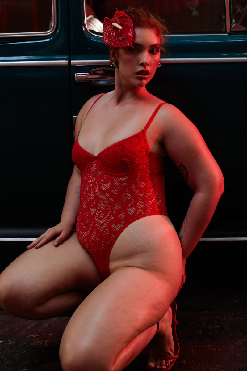 Rolling Demi Bodysuit - Red Lace