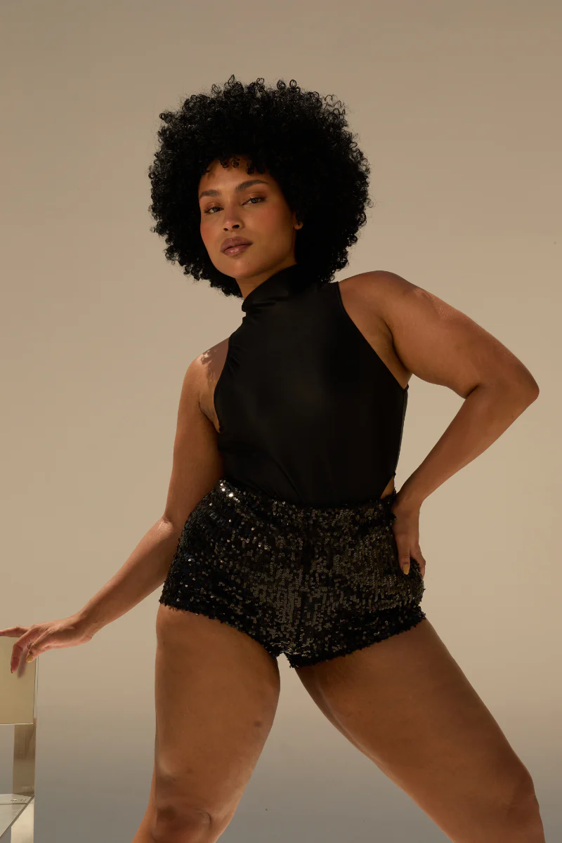Rolling Halter Bodysuit - Black Satin - Image 4